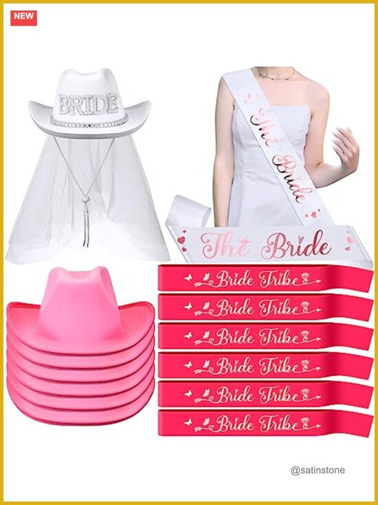 14 Pcs Cowgirl Hat Set with Veil and Satin Sash Bachelorette Party Decor main image 4